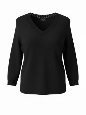 Charter Club Black V-Neck Sweater with Crochet Trim